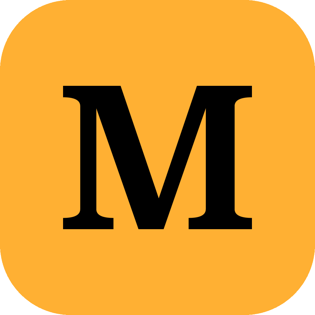 Megalith app icon — a black serif M on amber