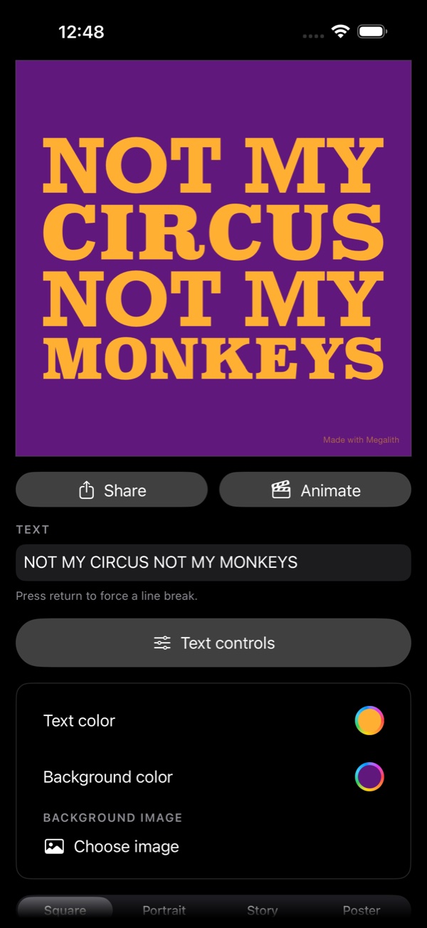 The Megalith editor with a purple poster, Share and Animate buttons, and text and background color controls.