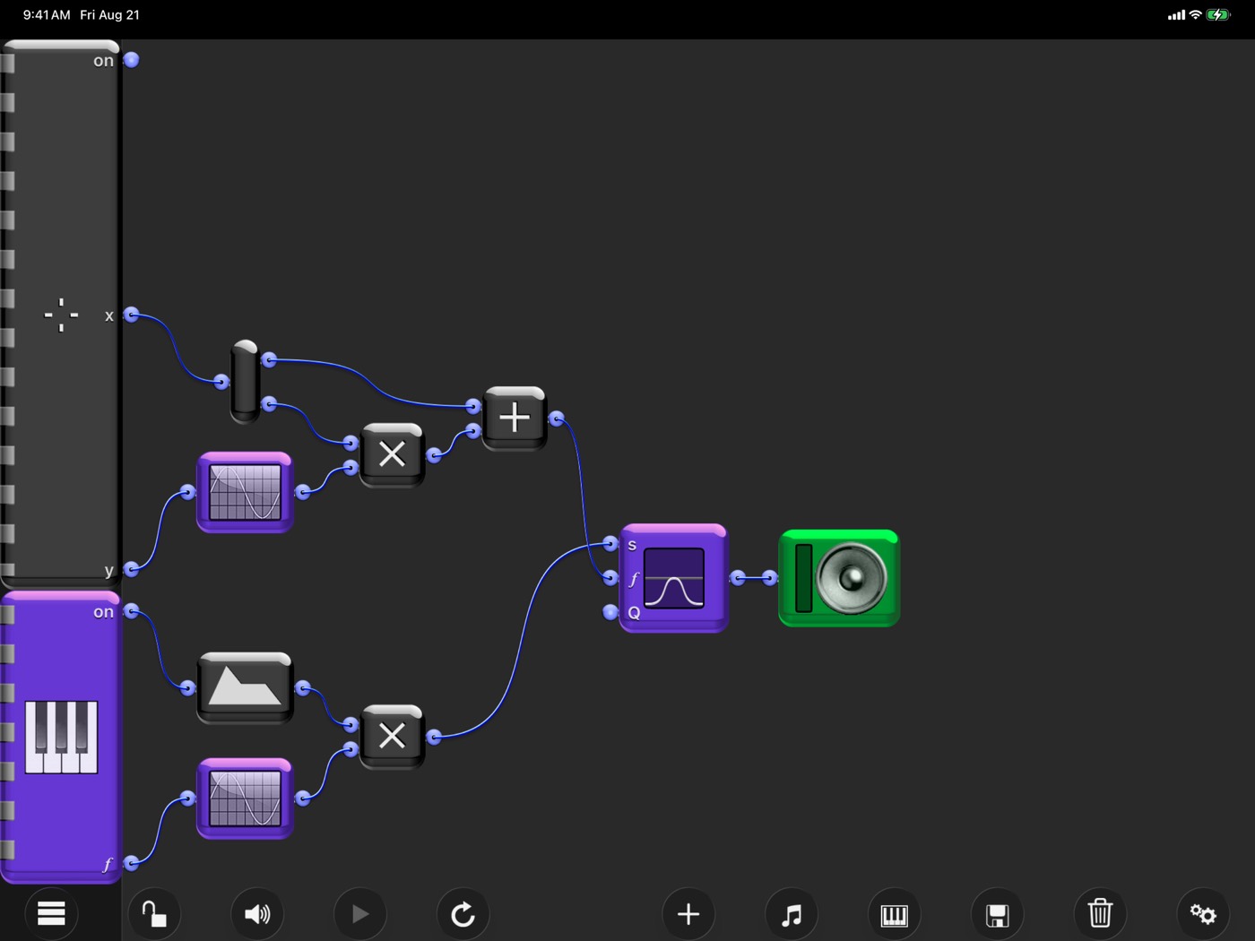 A Waveboard patch: a touch pad and a keyboard wired through oscillators and math blocks into a filter and a speaker.