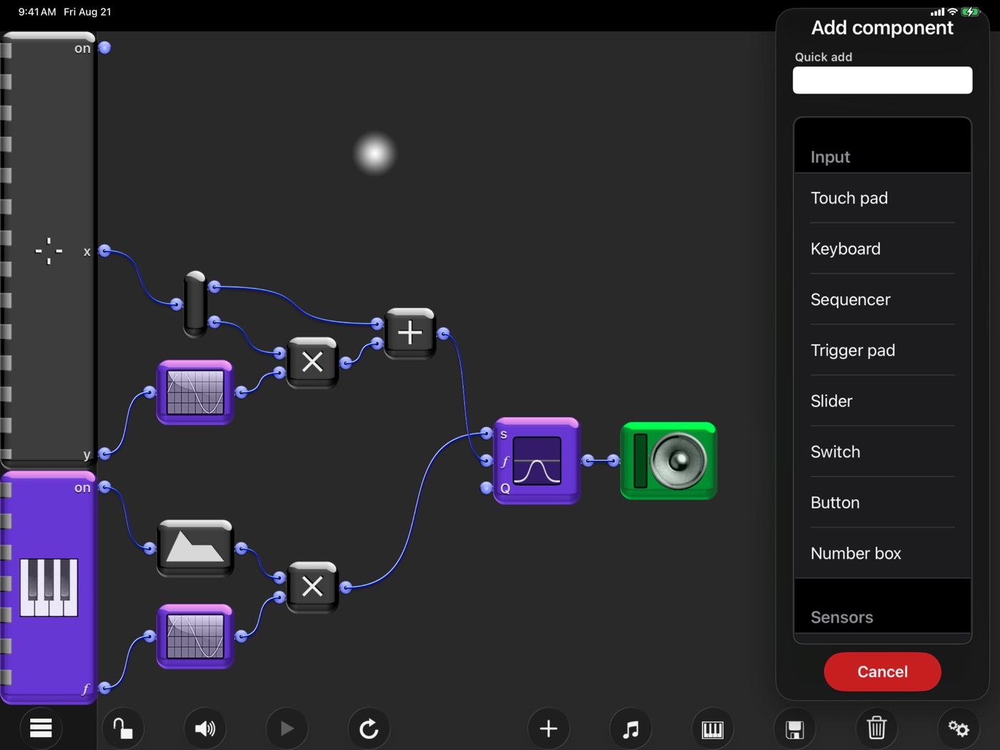The Add component panel listing inputs: touch pad, keyboard, sequencer, trigger pad, slider, switch, button, number box, and sensors.