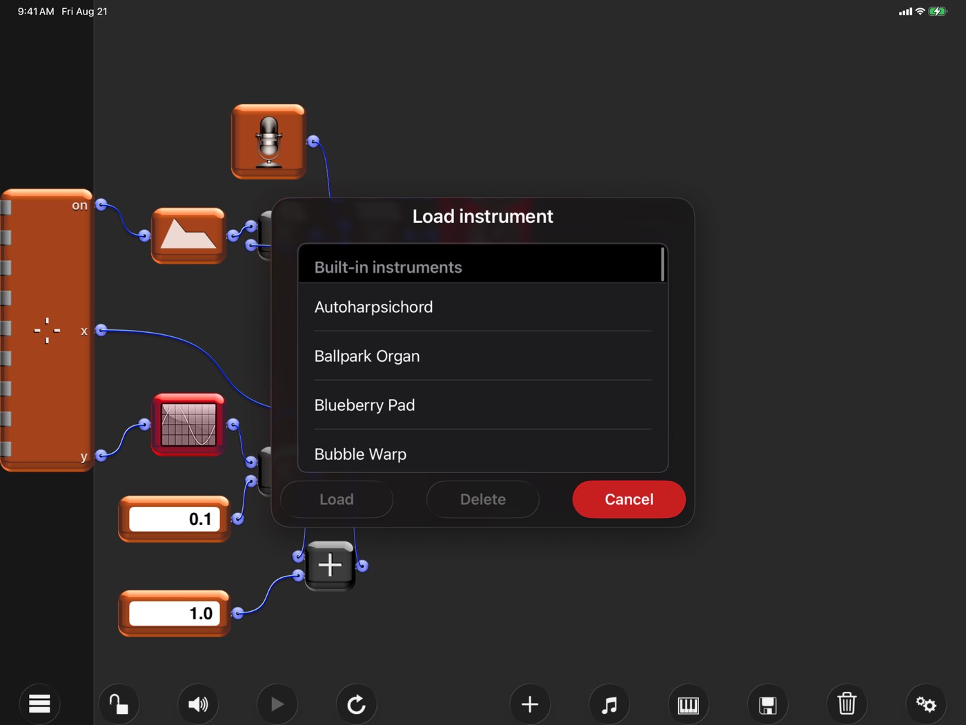 The Load instrument dialog showing built-in instruments including Autoharpsichord, Ballpark Organ, Blueberry Pad, and Bubble Warp.